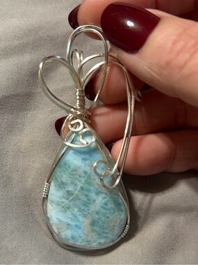 Handcrafted Silver Wire Larimar Teardrop Pendant - Light Blue